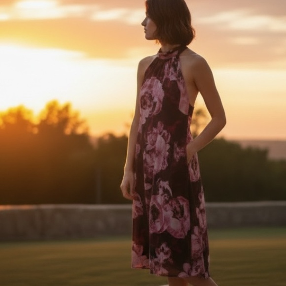 SLNY Navy Halter Mini Dress with Pink Floral Print